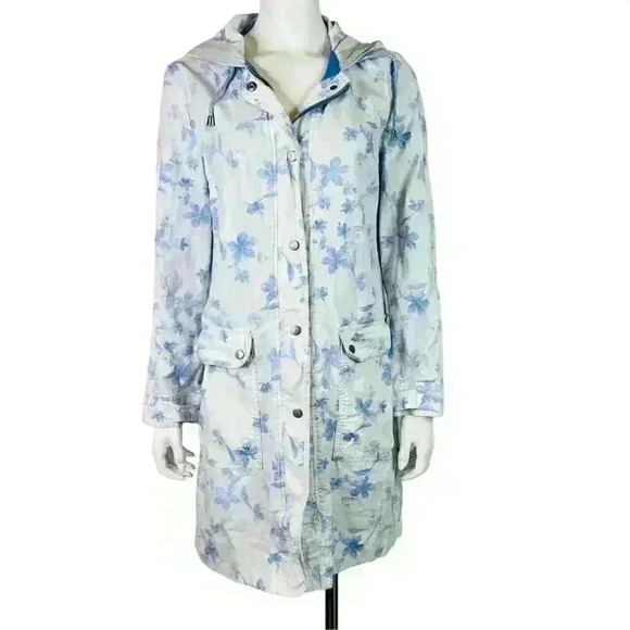 Free People Blue Floral Hooded Button Coat Jacket Size S - Picture 2 of 12